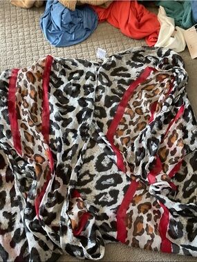 Sheer Leopard Kimono Robe with Red Trim